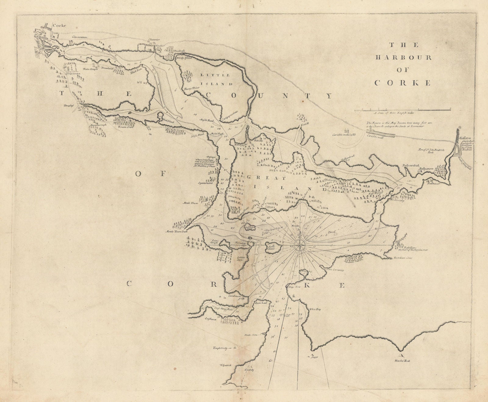 The Harbour of Corke. CORK HARBOUR sea chart. Ireland. COLLINS 1723 old map